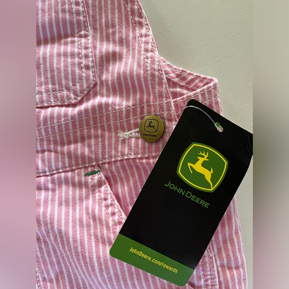 New Girl’s John Deere pink & white striped overalls 4T pockets adjustable straps - Picture 2 of 7